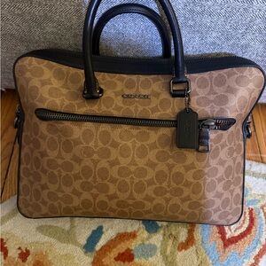 Coach F72978 Men's Beckett Slim Tan Signature Black Leather Briefcase Bag